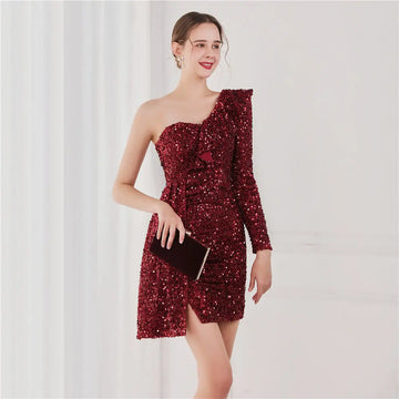 Constance One Shoulder Ruffles Sequin Mini Dress Thusfar
